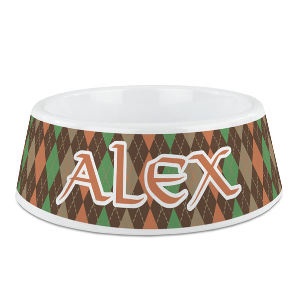 Custom Brown Argyle Plastic Dog Bowl - Medium (Personalized)