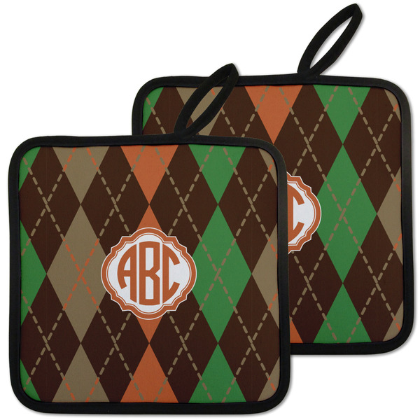 Custom Brown Argyle Pot Holders - Set of 2 w/ Monogram
