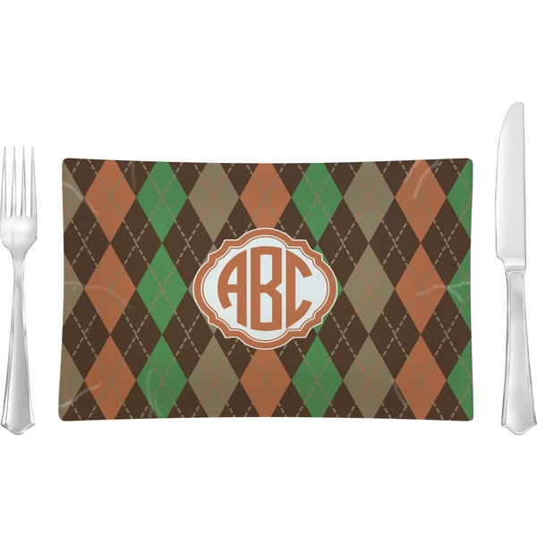 Custom Brown Argyle Rectangular Glass Lunch / Dinner Plate - Single or Set (Personalized)
