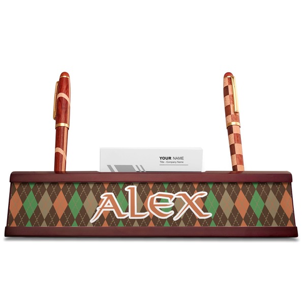 Brown Argyle Red Mahogany Nameplates with Business Card Holder - Straight