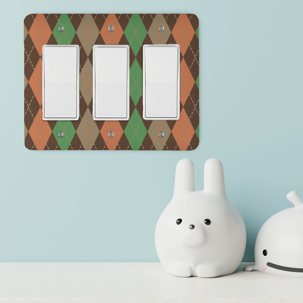 Brown Argyle Rocker Light Switch Covers - Triple - IN CONTEXT