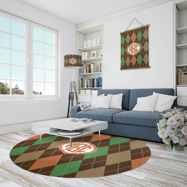 Brown Argyle Round Area Rug - IN CONTEXT