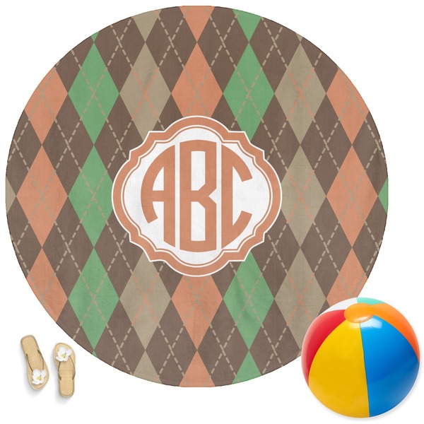 Custom Brown Argyle Round Beach Towel (Personalized)