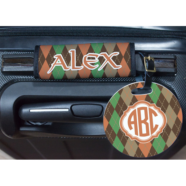 Brown Argyle Round Luggage Tag & Handle Wrap - In Context