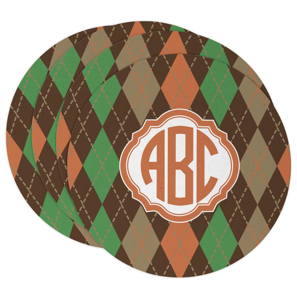 Custom Brown Argyle Round Paper Coasters w/ Monograms