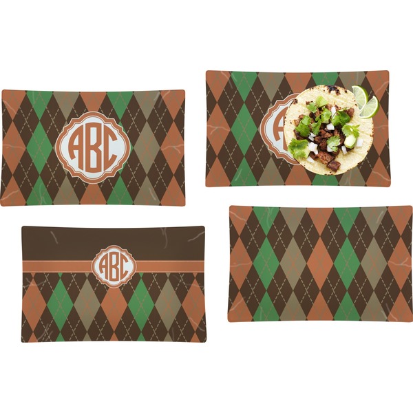Custom Brown Argyle Set of 4 Glass Rectangular Lunch / Dinner Plate (Personalized)