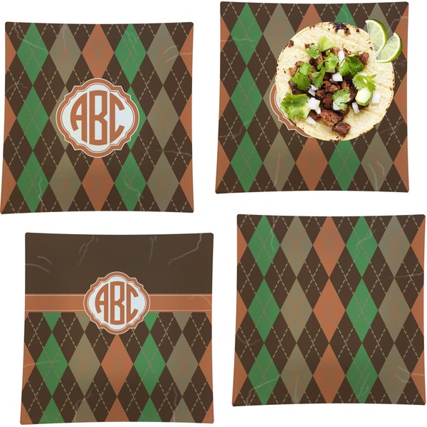 Custom Brown Argyle Set of 4 Glass Square Lunch / Dinner Plate 9.5" (Personalized)