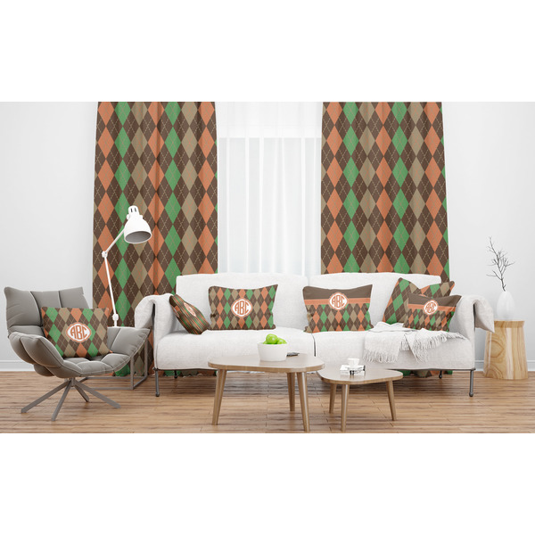 Brown Argyle Sheer and Custom Curtains in Room with Matching Pillows