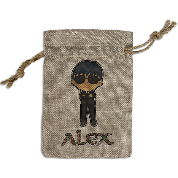 Custom Brown Argyle Small Burlap Gift Bag - Front (Personalized)
