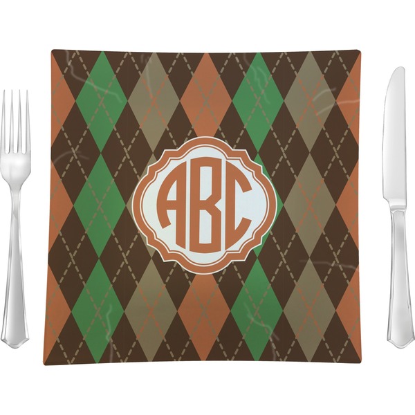Custom Brown Argyle 9.5" Glass Square Lunch / Dinner Plate- Single or Set of 4 (Personalized)
