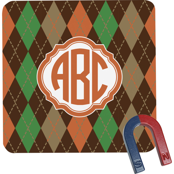 Custom Brown Argyle Square Fridge Magnet w/ Monogram