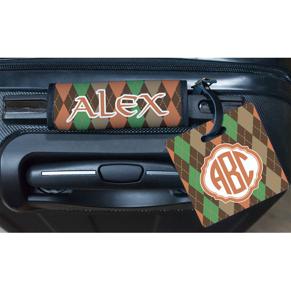 Brown Argyle Square Luggage Tag & Handle Wrap - In Context