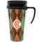 Brown Argyle Travel Mug with Black Handle - Front