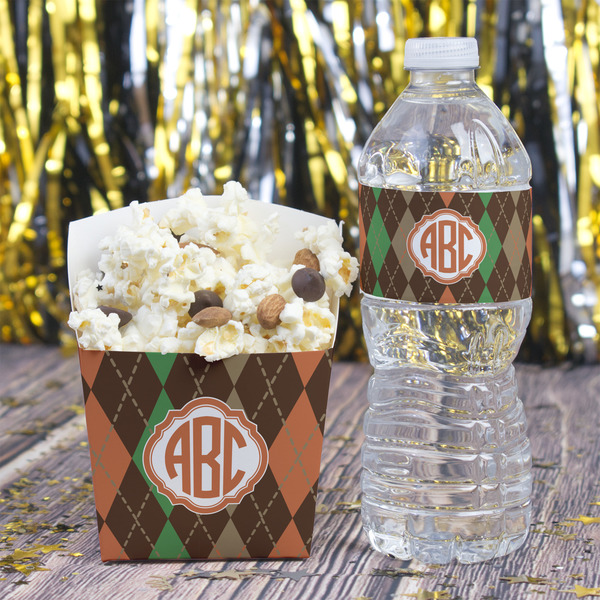Brown Argyle Water Bottle Label - w/ Favor Box