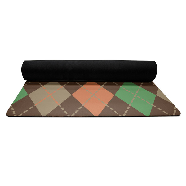 Brown Argyle Yoga Mat Rolled up Black Rubber Backing