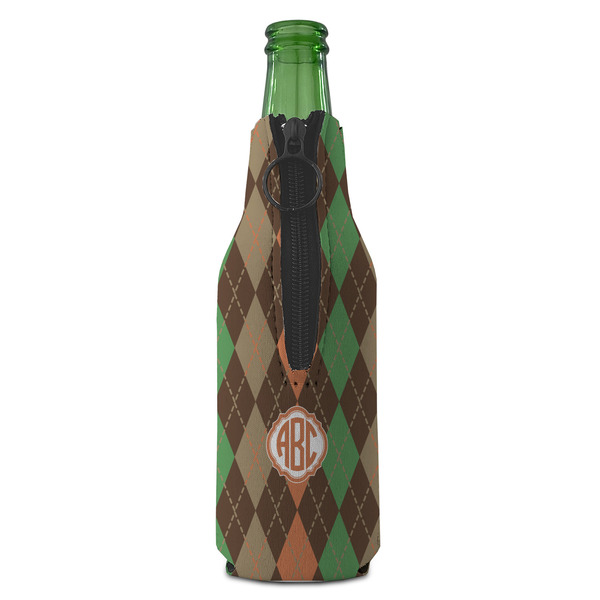 Brown Argyle Zipper Bottle Cooler - BACK (bottle)
