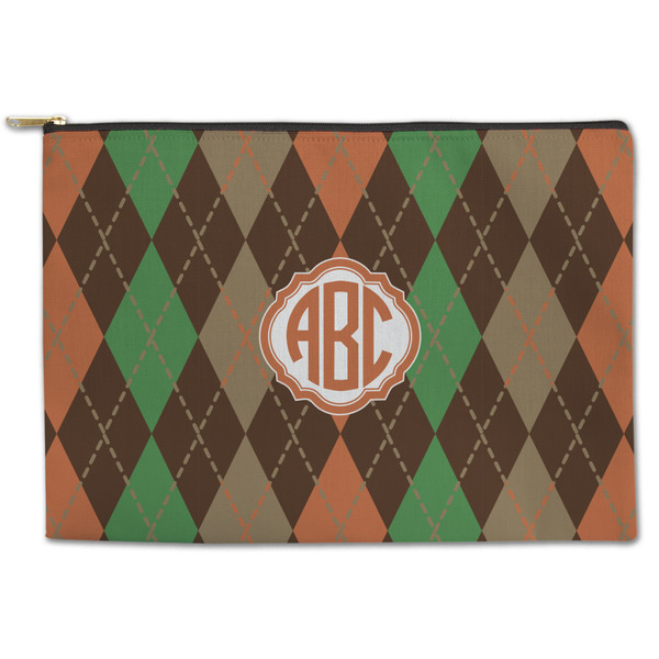 Custom Brown Argyle Zipper Pouch - Large - 12.5"x8.5" (Personalized)
