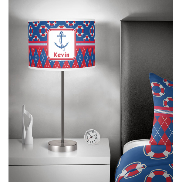 Buoy & Argyle Print 13 inch drum lamp shade - in room