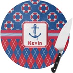 Buoy & Argyle Print Round Glass Cutting Board - Small (Personalized)