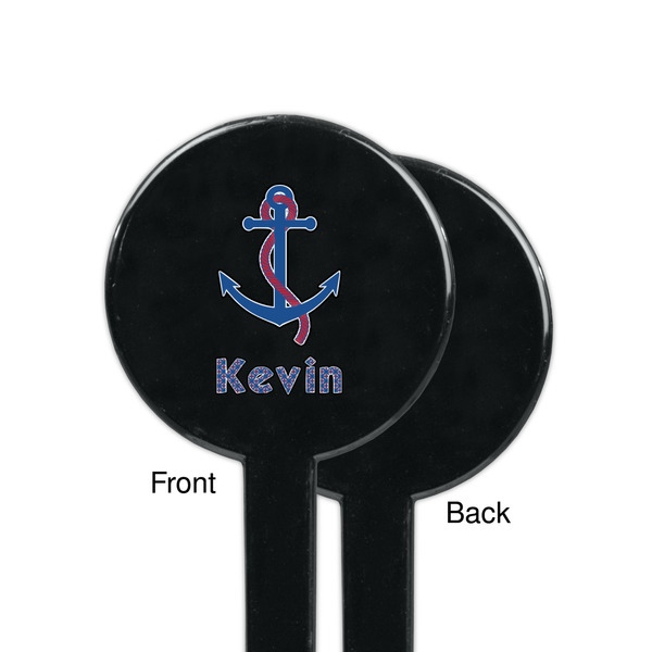 Buoy & Argyle Print Black Plastic 7" Stir Stick - Single Sided - Round - Front & Back