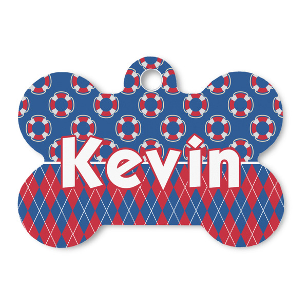 Custom Buoy & Argyle Print Bone Shaped Dog ID Tag (Personalized)
