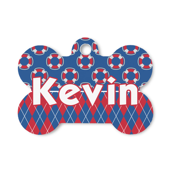 Custom Buoy & Argyle Print Bone Shaped Dog ID Tag - Small (Personalized)