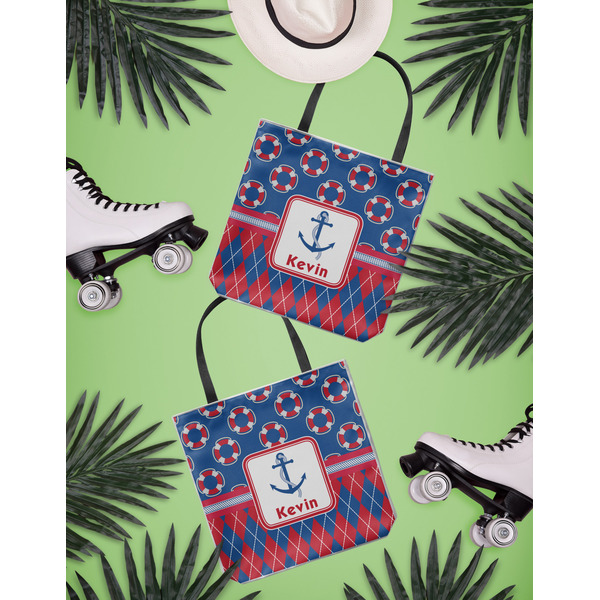 Buoy & Argyle Print Canvas Tote Lifestyle Front and Back- 13x13