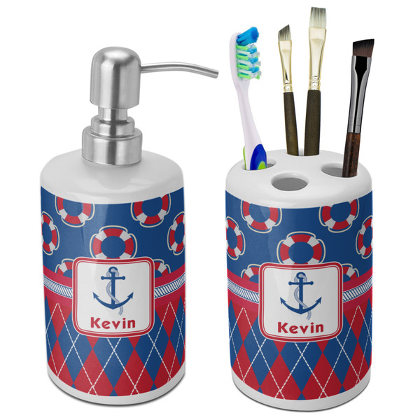 Custom Buoy & Argyle Print Ceramic Bathroom Accessories Set (Personalized)