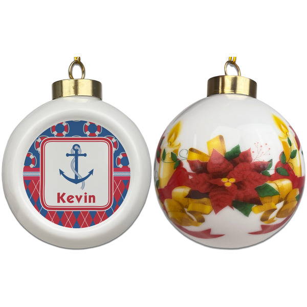 Buoy & Argyle Print Ceramic Christmas Ornament - Poinsettias (APPROVAL)