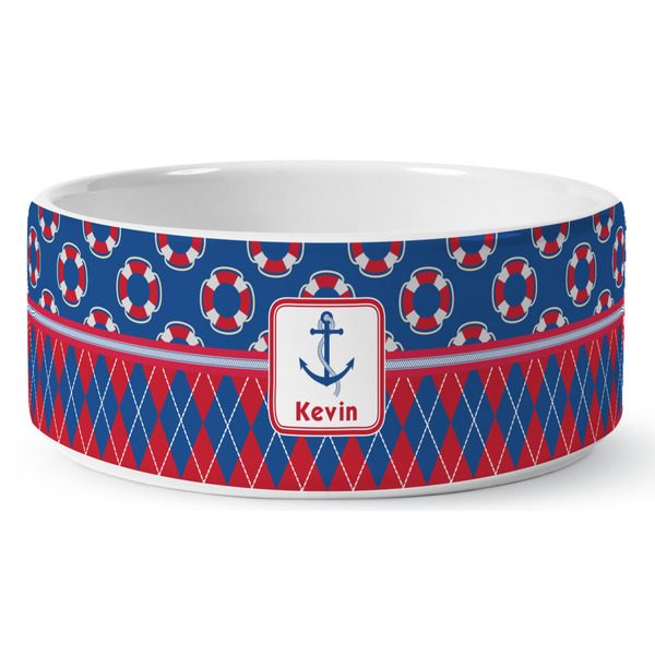Buoy & Argyle Print Ceramic Dog Bowl - Medium - Front