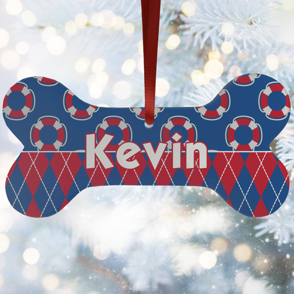 Custom Buoy & Argyle Print Ceramic Dog Ornament w/ Name or Text