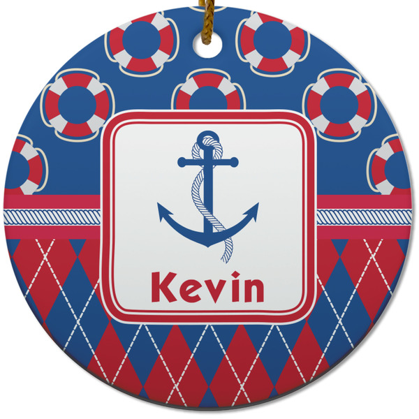 Custom Buoy & Argyle Print Round Ceramic Ornament w/ Name or Text