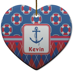 Buoy & Argyle Print Heart Ceramic Ornament w/ Name or Text