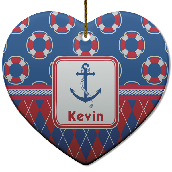 Custom Buoy & Argyle Print Heart Ceramic Ornament w/ Name or Text