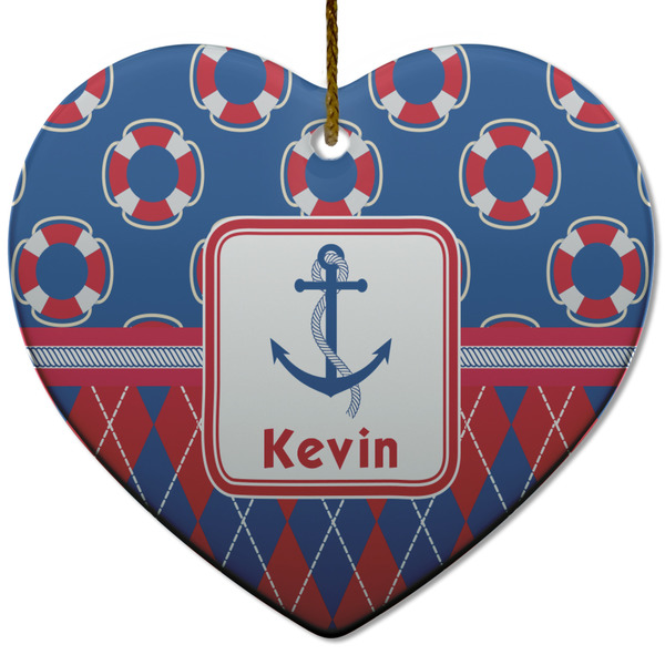 Custom Buoy & Argyle Print Heart Ceramic Ornament w/ Name or Text