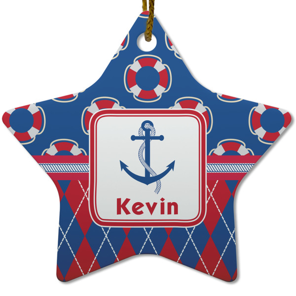 Buoy & Argyle Print Ceramic Flat Ornament - Star (Front)