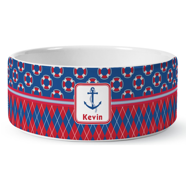 Custom Buoy & Argyle Print Ceramic Dog Bowl - Medium (Personalized)