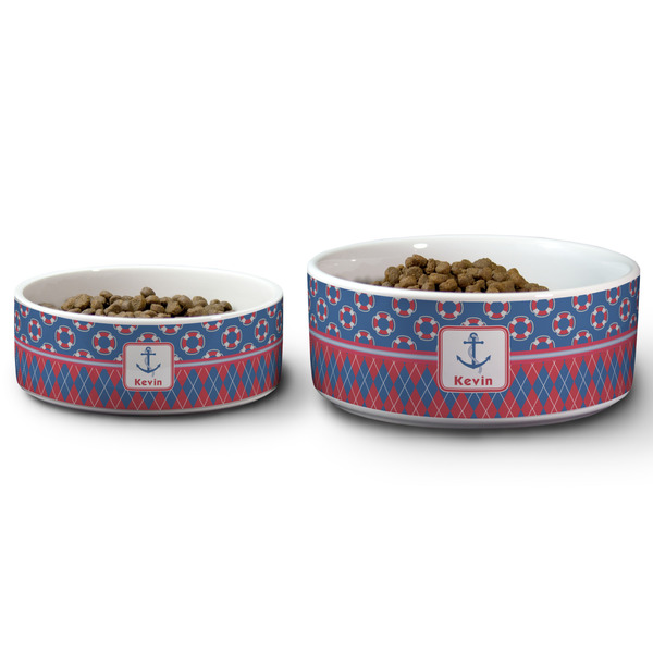 Buoy & Argyle Print Ceramic Dog Bowls - Size Comparison