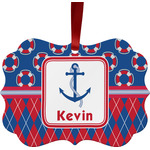 Buoy & Argyle Print Metal Frame Ornament - Double Sided w/ Name or Text
