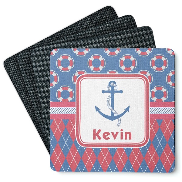 Custom Buoy & Argyle Print Square Rubber Backed Coasters - Set of 4 (Personalized)