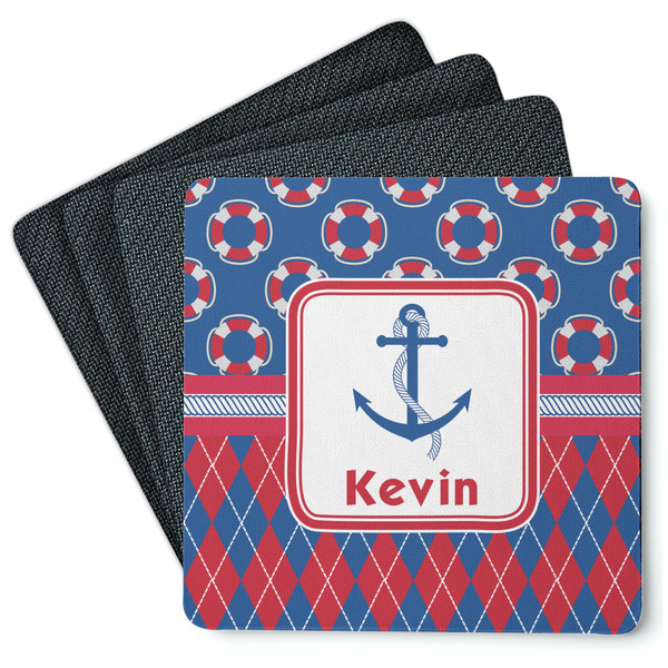 Custom Buoy & Argyle Print Square Rubber Backed Coasters - Set of 4 (Personalized)