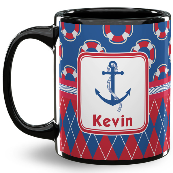 Custom Buoy & Argyle Print 11 Oz Coffee Mug - Black (Personalized)