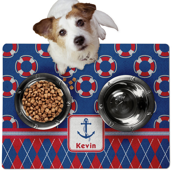 Custom Buoy & Argyle Print Dog Food Mat - Medium w/ Name or Text