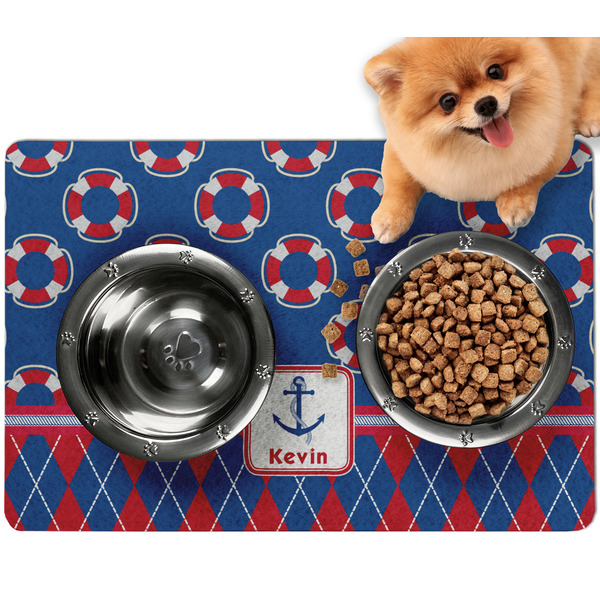 Custom Buoy & Argyle Print Dog Food Mat - Small w/ Name or Text
