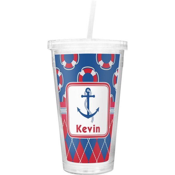 Custom Buoy & Argyle Print Double Wall Tumbler with Straw (Personalized)