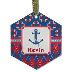 Buoy & Argyle Print Flat Glass Ornament - Hexagon w/ Name or Text