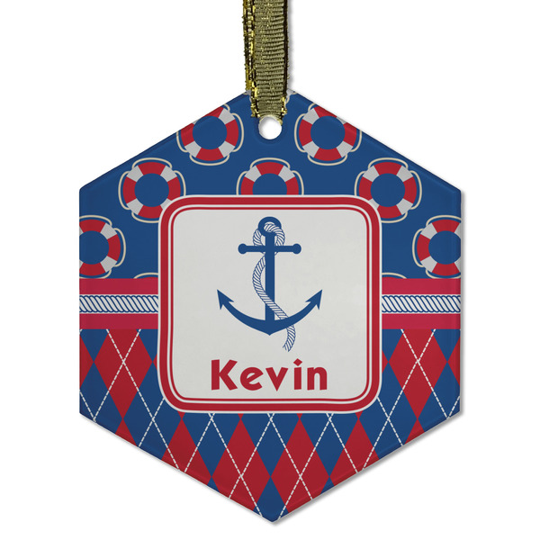 Custom Buoy & Argyle Print Flat Glass Ornament - Hexagon w/ Name or Text