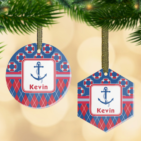 Custom Buoy & Argyle Print Flat Glass Ornament w/ Name or Text