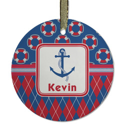 Buoy & Argyle Print Flat Glass Ornament - Round w/ Name or Text