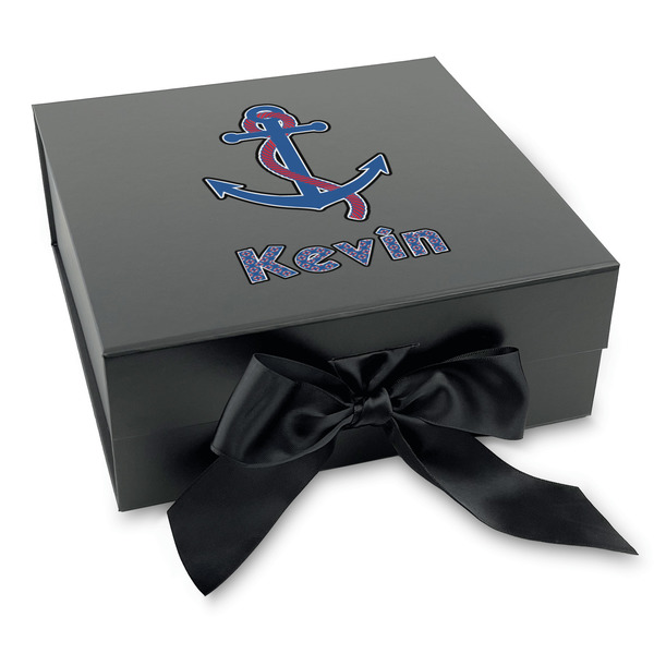Custom Buoy & Argyle Print Gift Box with Magnetic Lid - Black (Personalized)